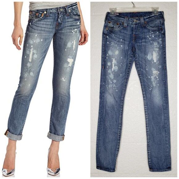 True Religion Brianna Factory Paint Splattered Distressed Jeans Size 24